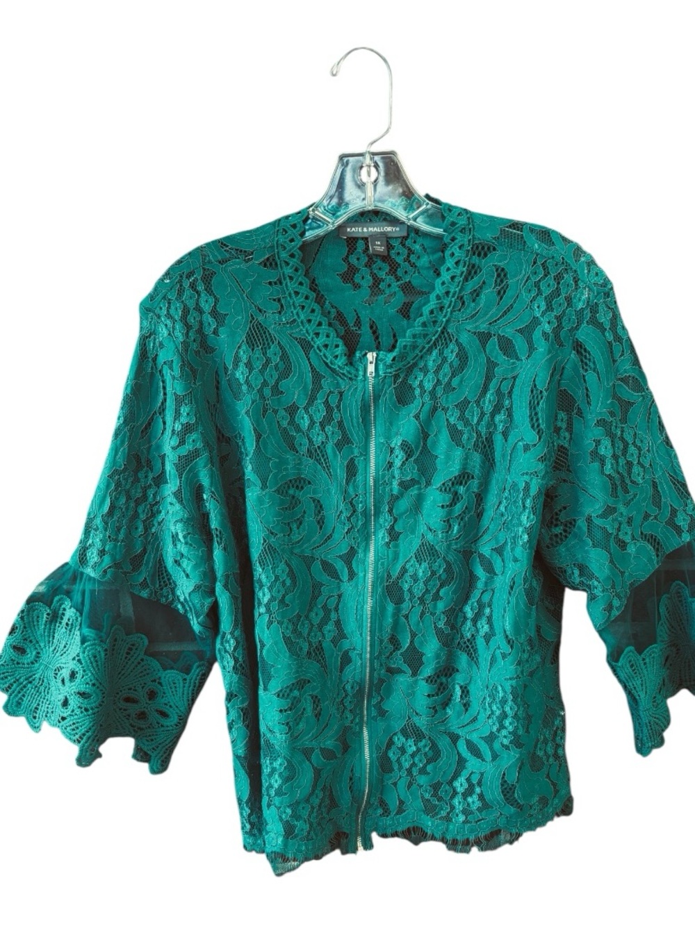 Kate & Mallory Emerald Green 1X Lace Zip Front Bell Sleeve Bomber Jacket